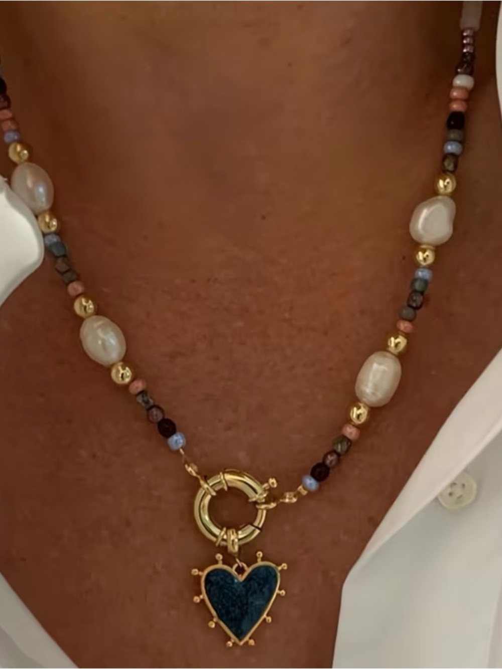 Gold Pearl and Multicolor Bead Necklace with Dark Blue Heart Pendant